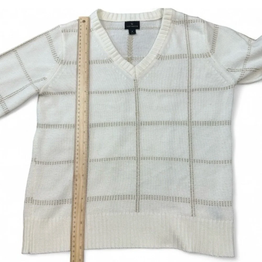 Worthington Women's Sweater Small S Ivory Gold Metallic Plaid V-Neck Shimmer - Picture 11 of 12